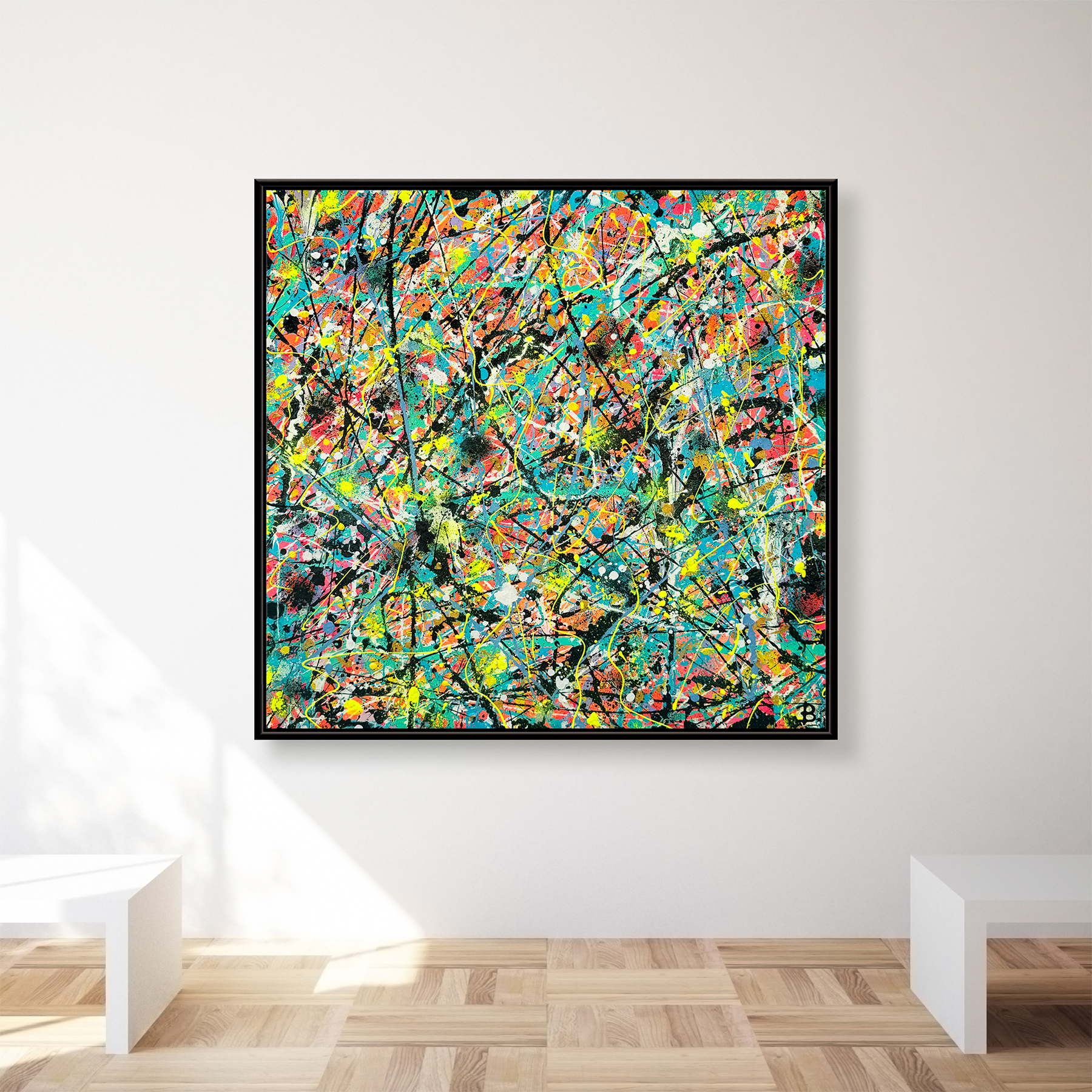 Labyrinth Fine Art Print with Black Float Frame ihanging n Situ on white wall above wooden floor. © Bridget Bradley Art