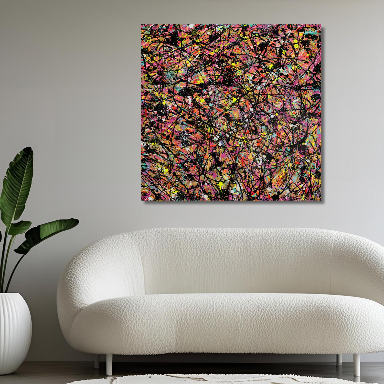 'LABYRINTH II' original textured abstract expressionism painting by Bridget Bradley seen hanging above white sofa. Learn more about this contemporary, premium abstract art.
