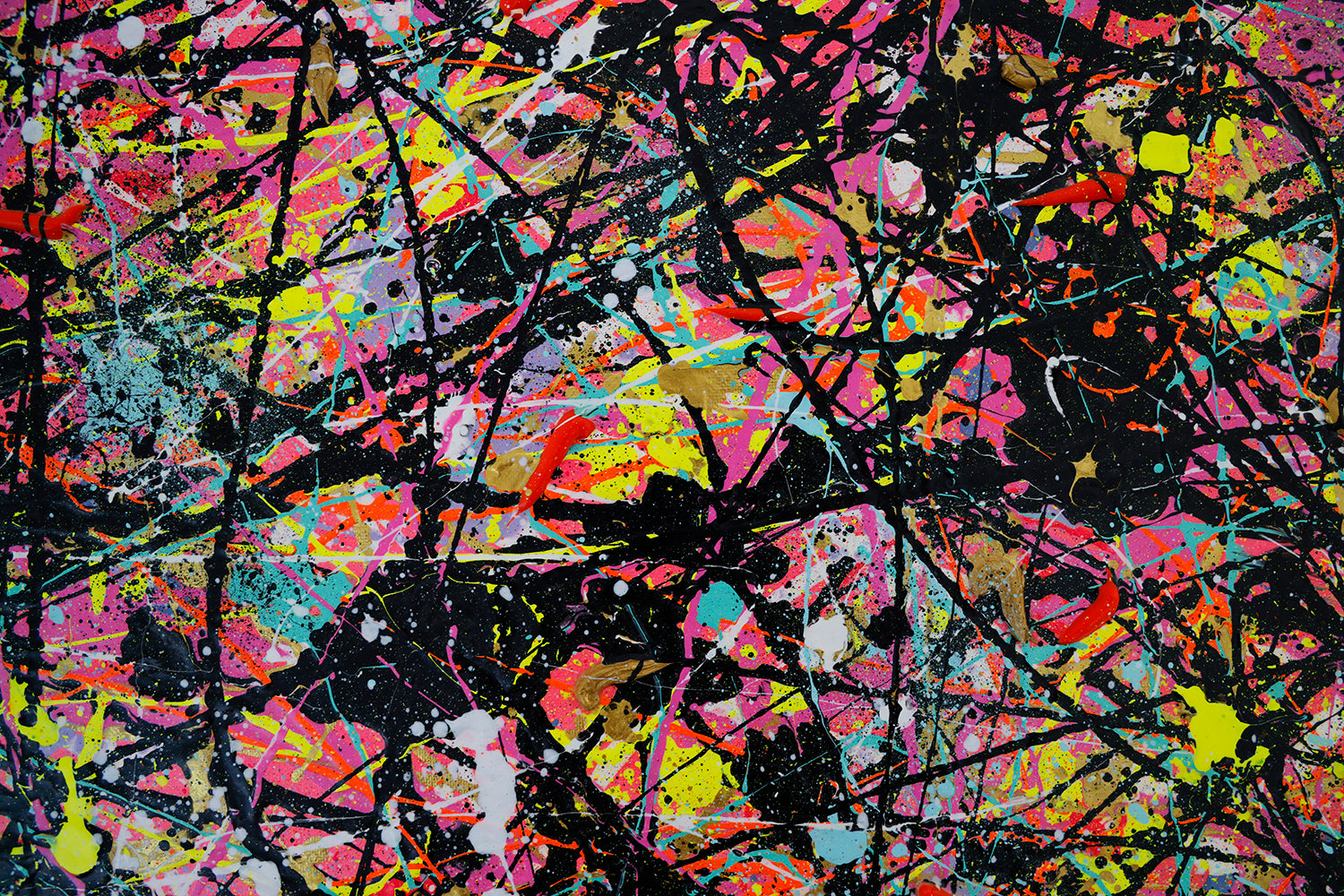 'Labyrinth ' contemporary abstract expressionism action painting with multiple layers and marks of vibrant colours closeup. Painted by Bridget Bradley.