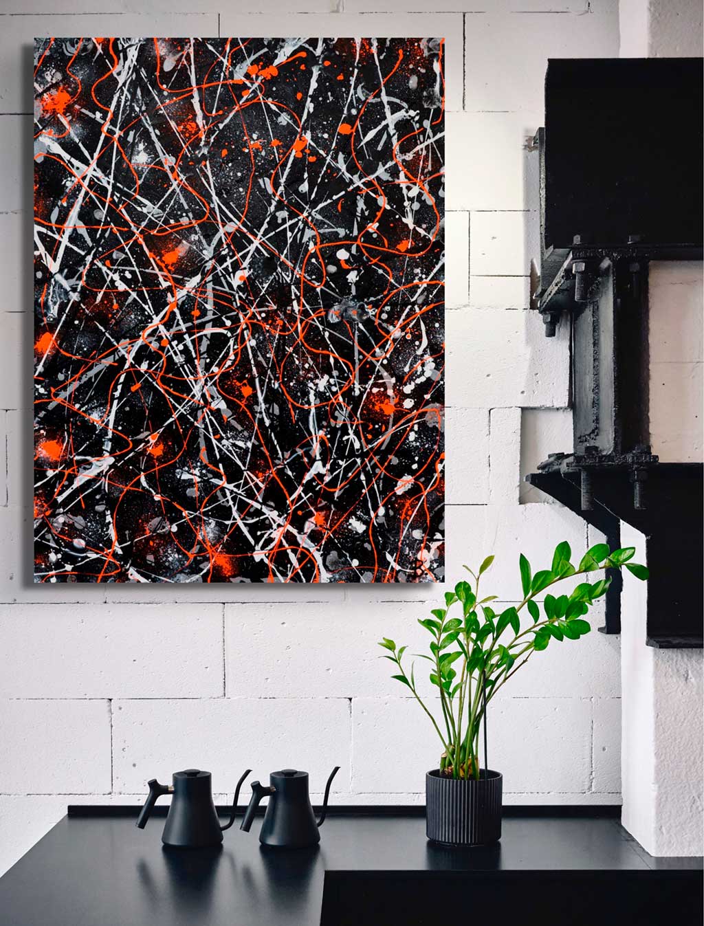 'Lava' original abstract painting on canvas seen hanging in modern kitchen. Painted by Bridget Bradley. A bold, textural abstract.