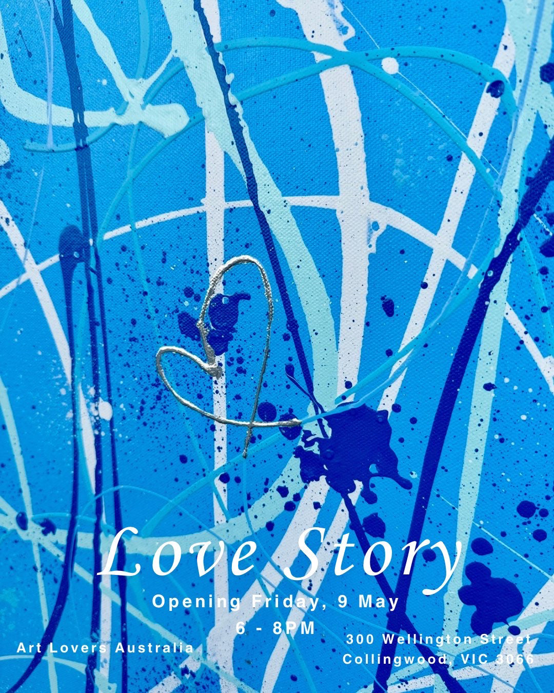 Image: Background shows a snapshot of Bridget Bradley's artwork 'Something Blue' exhibit at the 'Love Story' Art exhibition, Art Lovers Australia Melbourne Gallery.