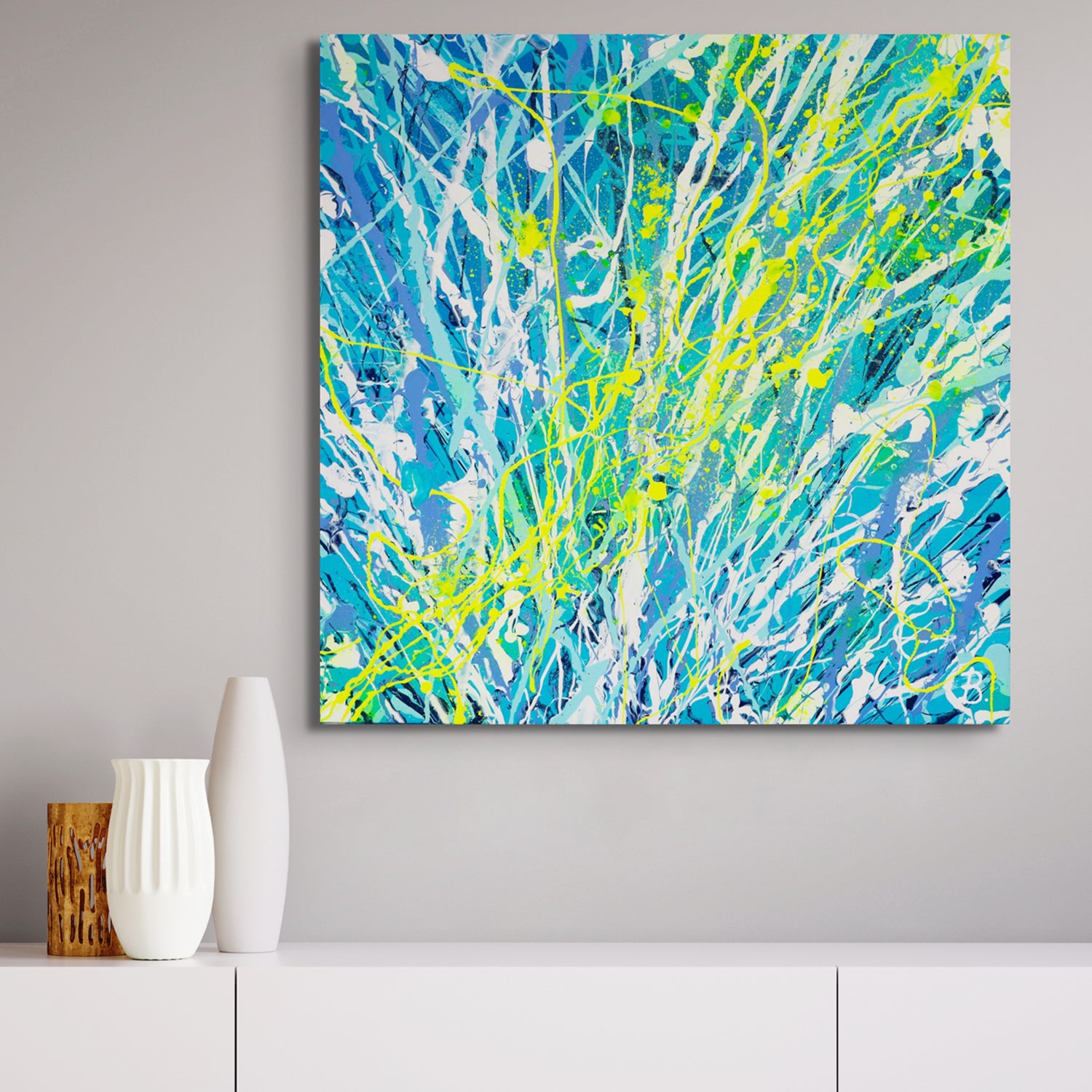 'Luminescence' Original Abstract Expressionism Painting on Canvas seen hanging  above console near vases. Hand painted by Bridget Bradley, Original Abstract Expressionist Artist, Queensland Australia