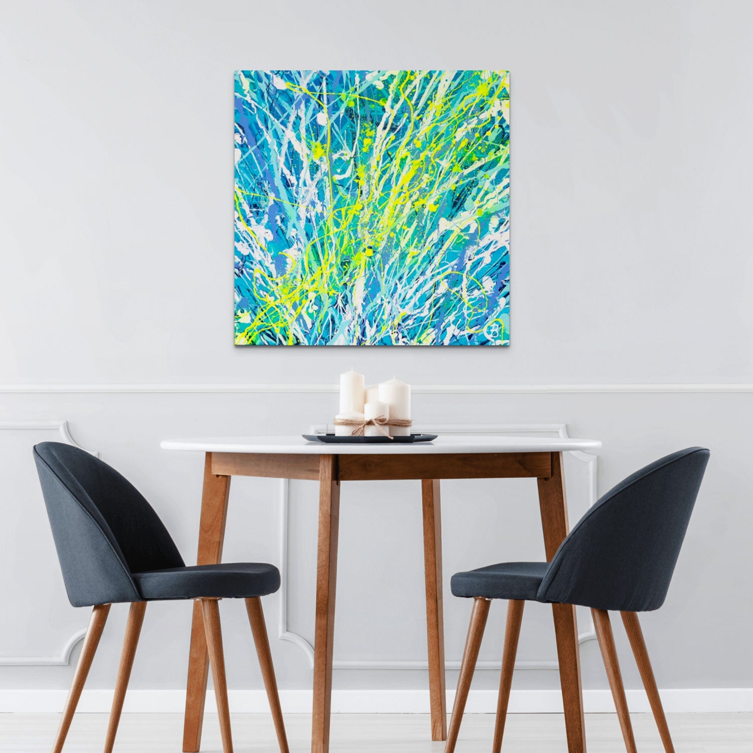 'Luminescence' Original Painting Abstract Expressionism by Bridget Bradley seen hanging above Dining Table and Black Chairs. Vibrant contemporary art.