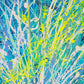 'Luminescence' Original Abstract Painting Closeup. Beautiful blues white and neon yellow represent this bioluminescence inspired artwork. Hand painted on canvas by Bridget Bradley, Abstract Expressionist Artist, Australia