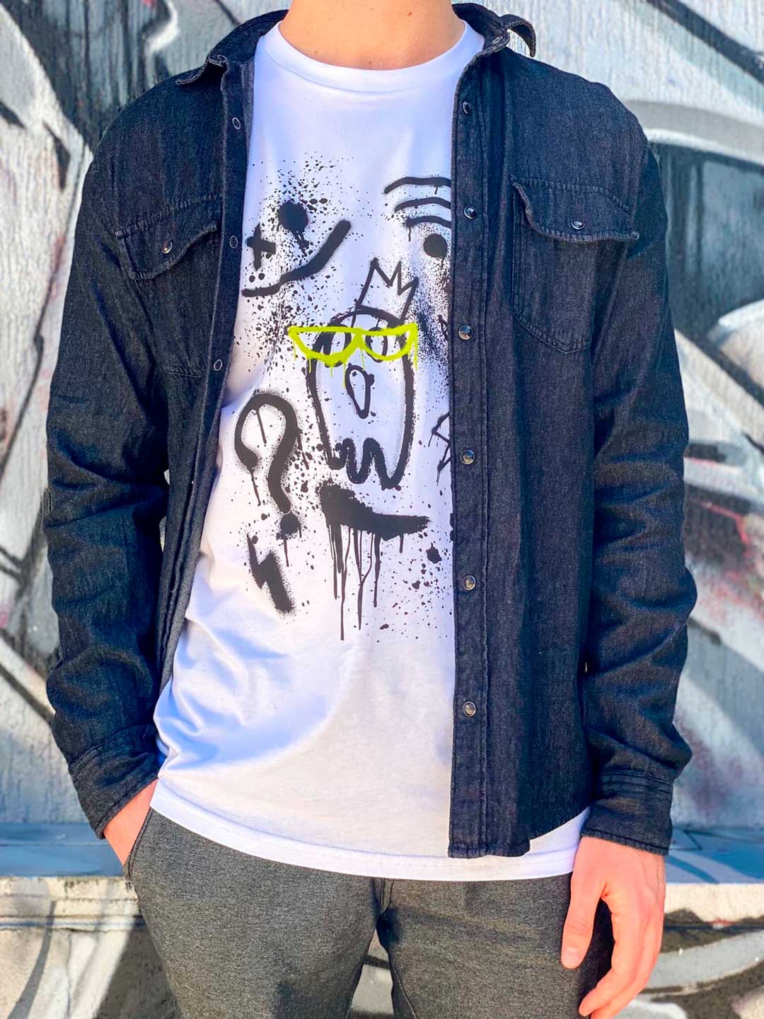Model Shows Front Design 'Off Grid' T-shirt worn under a Denim Shirt. Print Design by Bridget Bradley, Abstract Artist and Designer, Australia