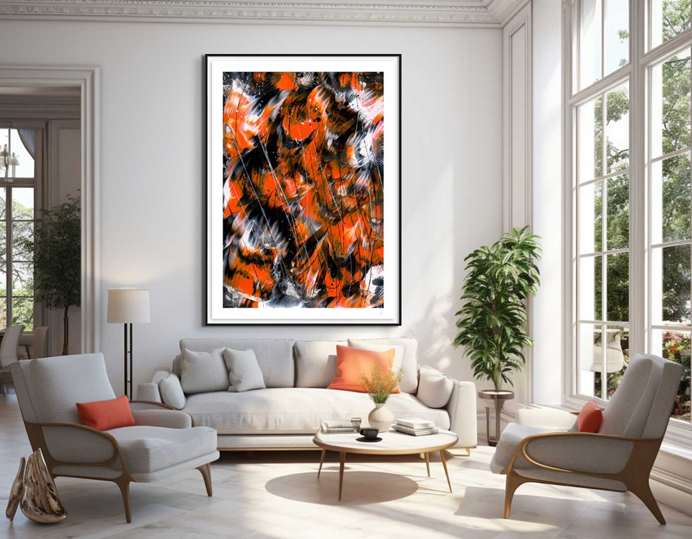 'Monarch 2' Extra Large Paper print in Black Frame seen hanging in Living Room. After original painting by Bridget Bradley, Contemporary Artist Australia.