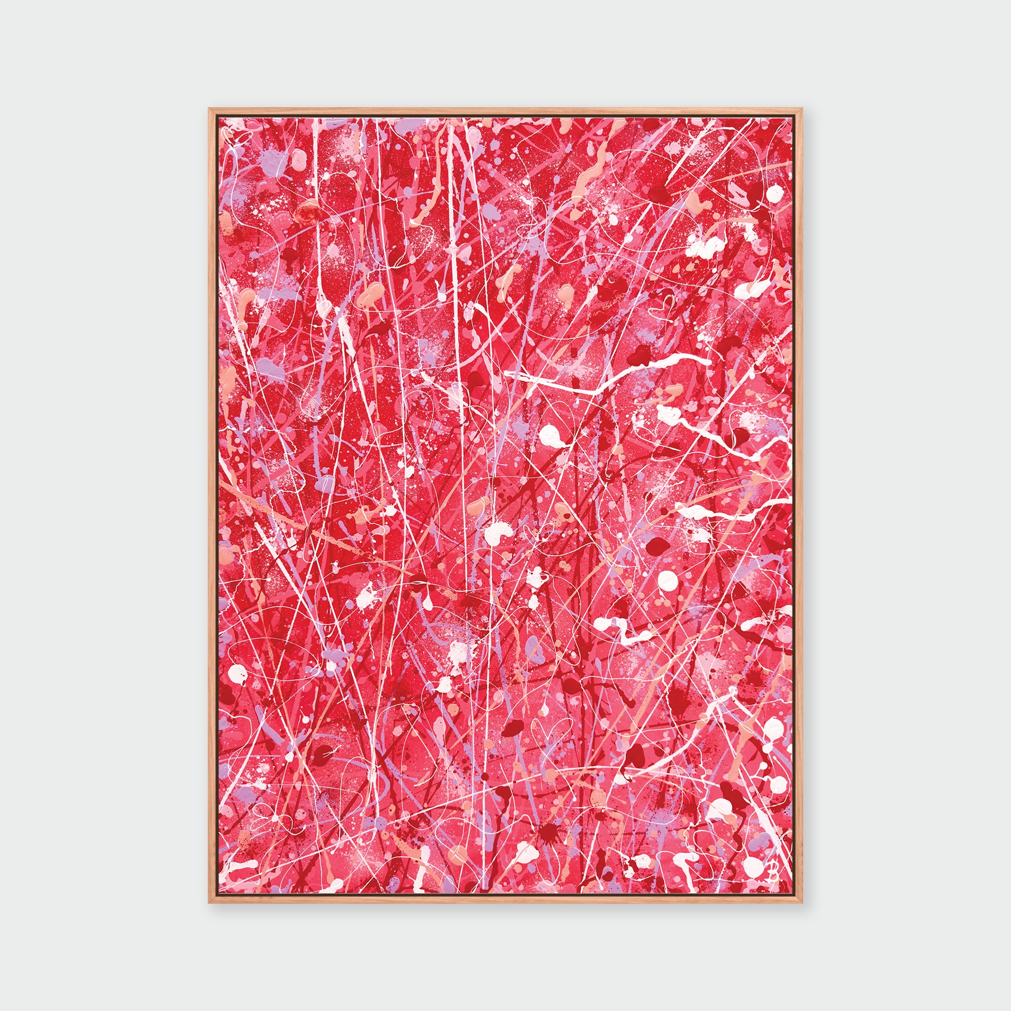 Abstract Expressionist Fine Art print in mainly reds with white and mauve marks. Seen in oak float frame. After original art b y Bridget Bradley