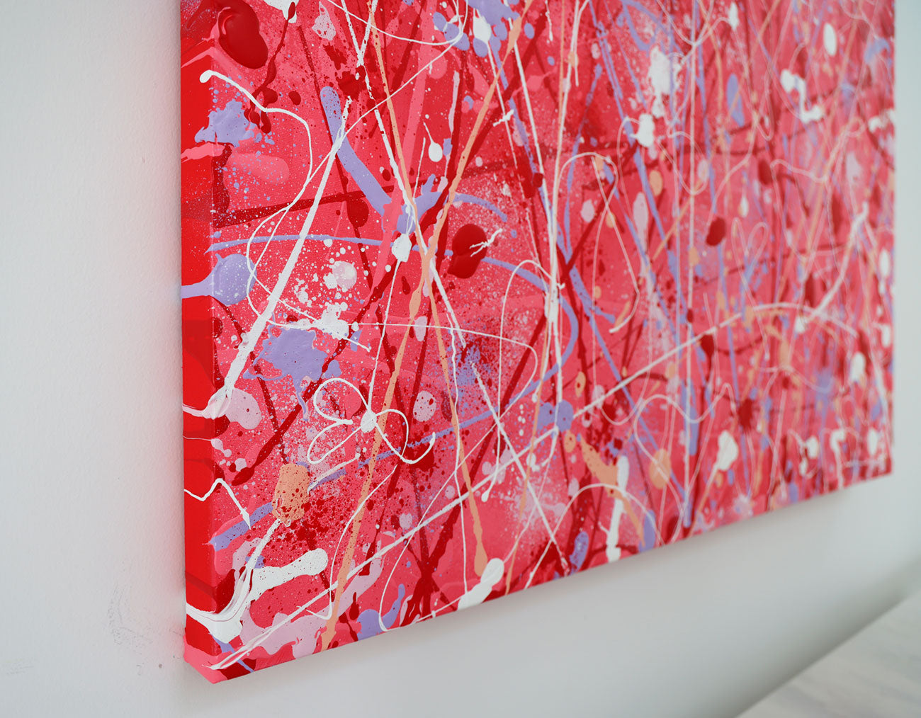 Passion, original abstract expressionism painting on canvas by Bridget Bradley. Close up of painting texture and colour to the canvas edges