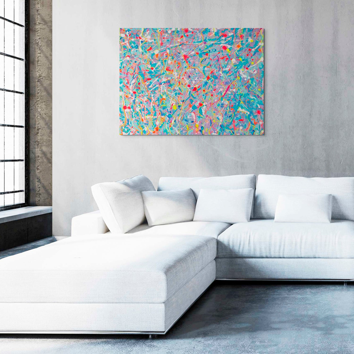 Seeling, original abstract painting seen in modern space on concrete wall with white leather sofa. Abstract painted by Bridget Bradley, Australia