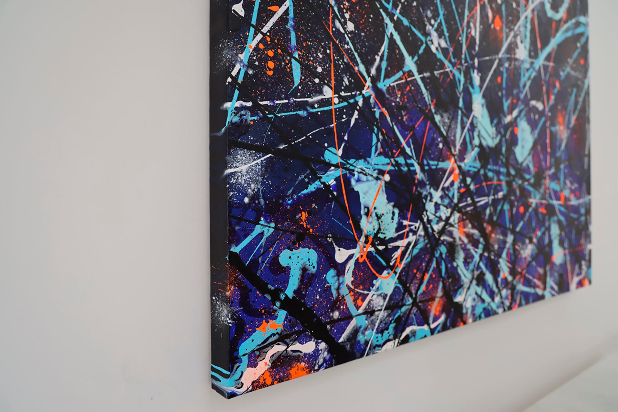 'Satellite' original Abstract by Bridget Bradley, Close Up View of Left Side of Canvas Showing Texture and Bold colours. Find out more.
