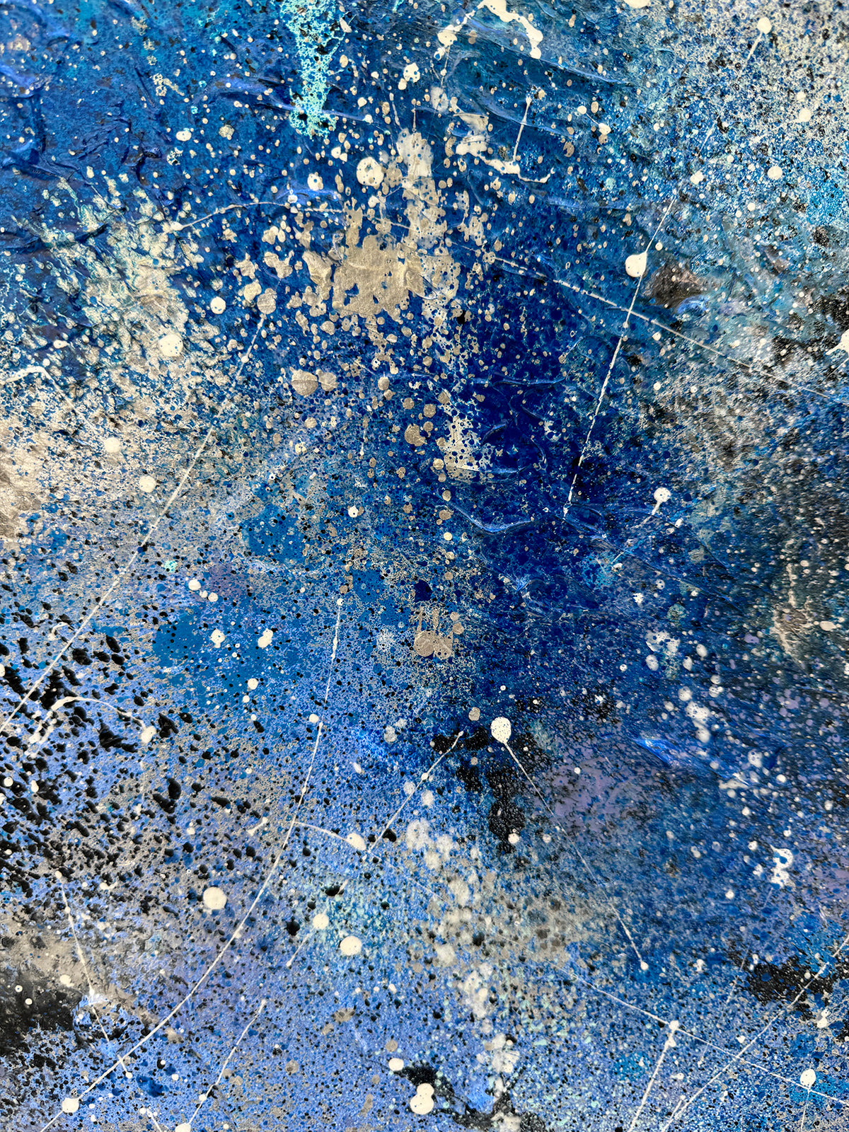 'Silver Rain II' Abstract Expressionism painting Closeup section of hues of silver, white, blue mauve layers and marks. Hand-painted by Bridget Bradley