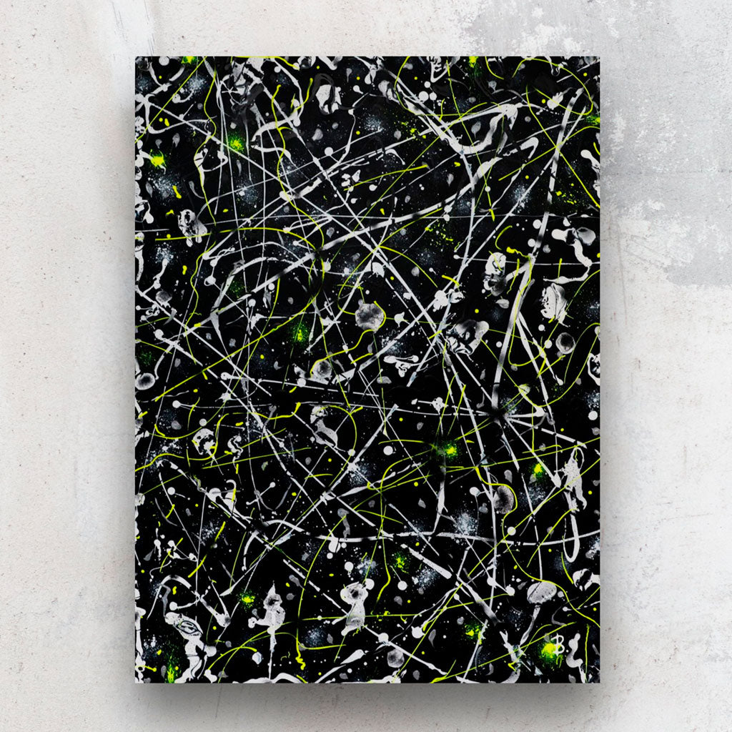 'Space Rock' large, heavy texture abstract painting on canvas, black background with white, grey and neon yellow marks. Hand painted by Bridget Bradley, contemporary Abstract Artist