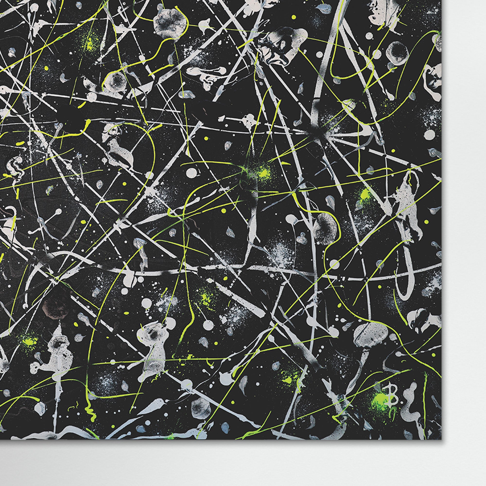 'Space Rock Canvas print up close showing artist signature, BRIDGET BRADLEY, contemporary abstract expressionism artist. Canvas prints Australia ships worldwide