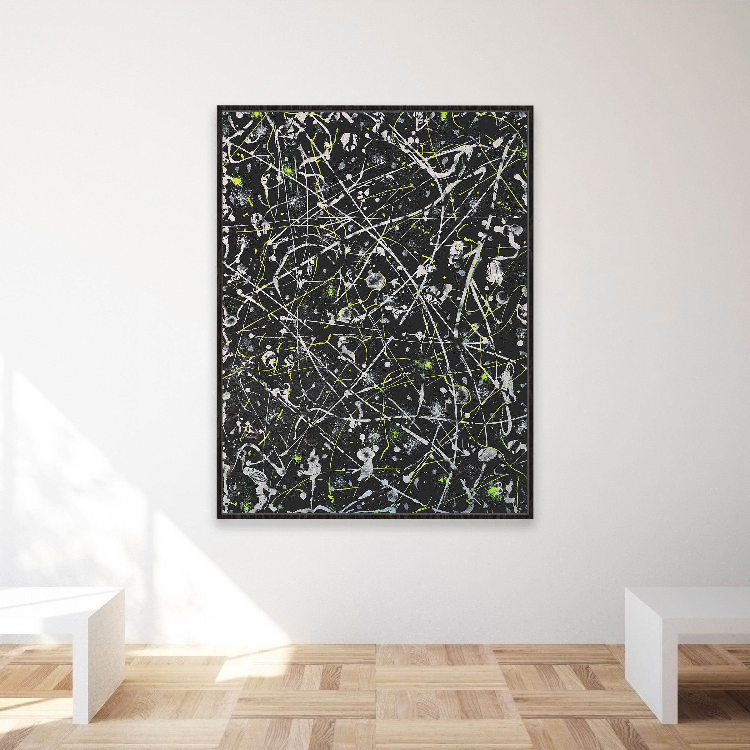 'Space Rock Canvas Print' with black frame seen hanging in modern space. Bridget Bradley Art Canvas prints, an affordable way to enhance your home or office. Available for shipping across Australia and worldwide.