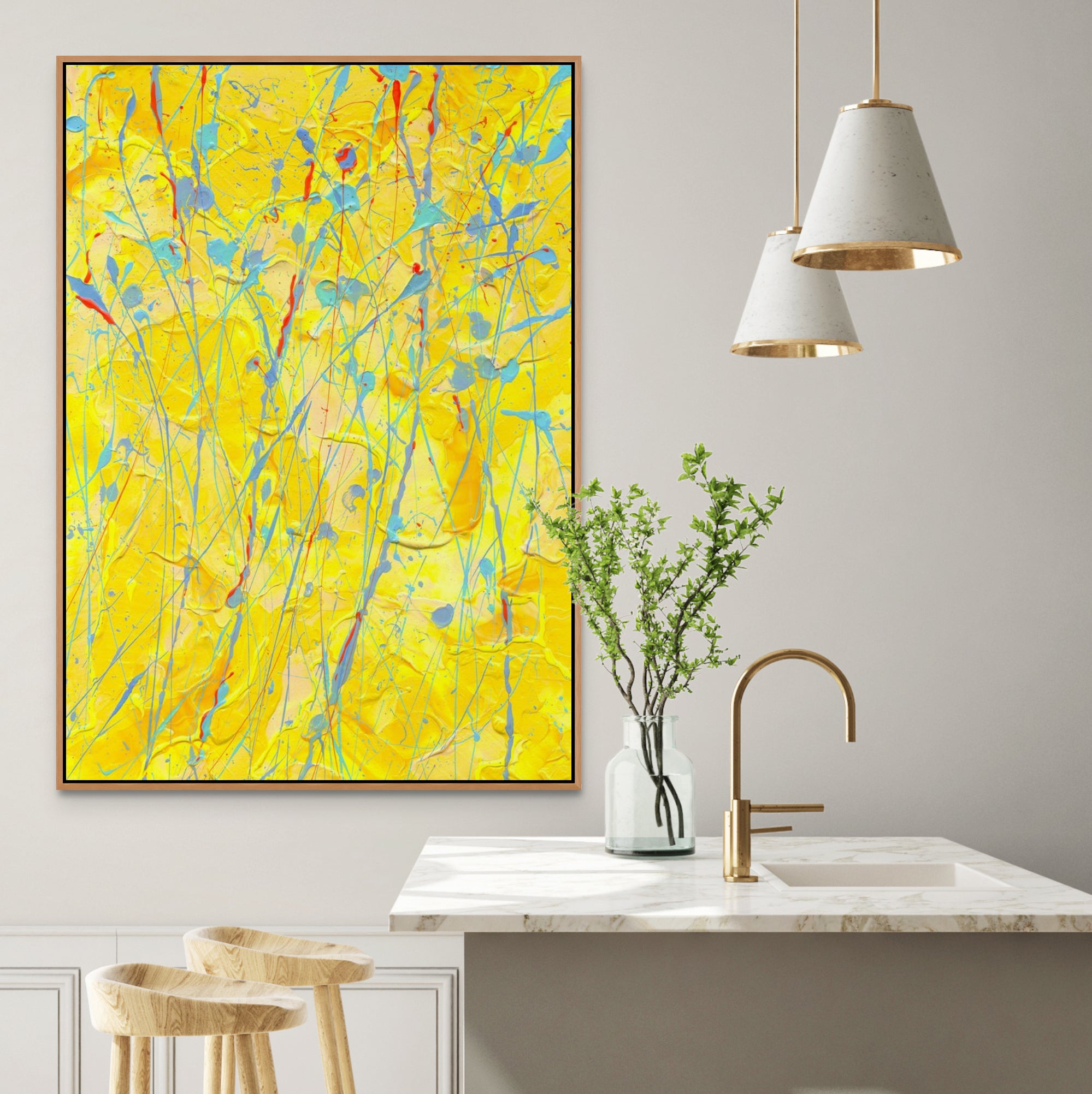 'Sunflower' Fine Art Canvas Print in Oak Float Frame Hanging in a Kitchen. Beautiful prints available to buy online only framed or unframed. Learn more