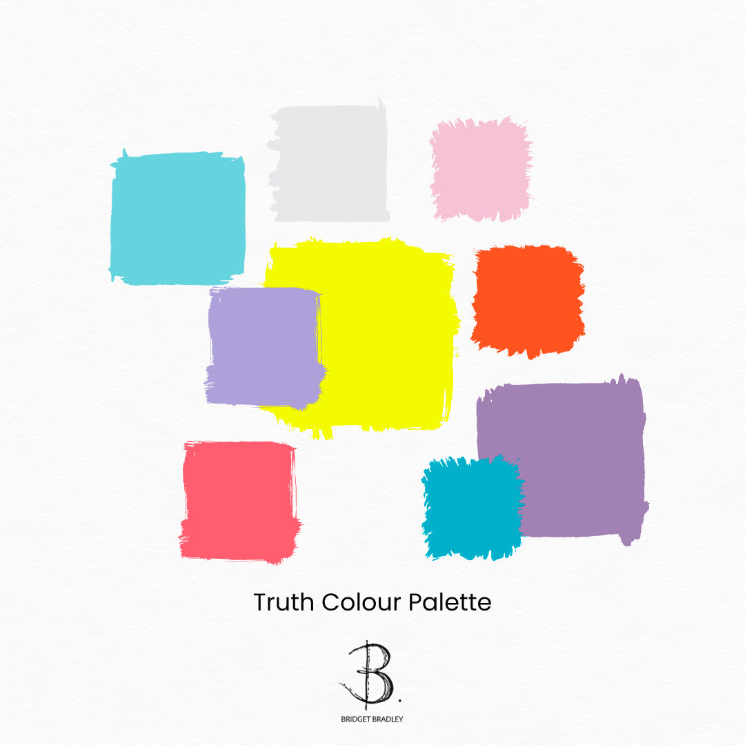 Artist's colour palette for 'Truth' original Abstract Expressionism painting on canvas by Bridget Bradley. Colours are a digital representation only and the original painting is very vibrant and bright pastels