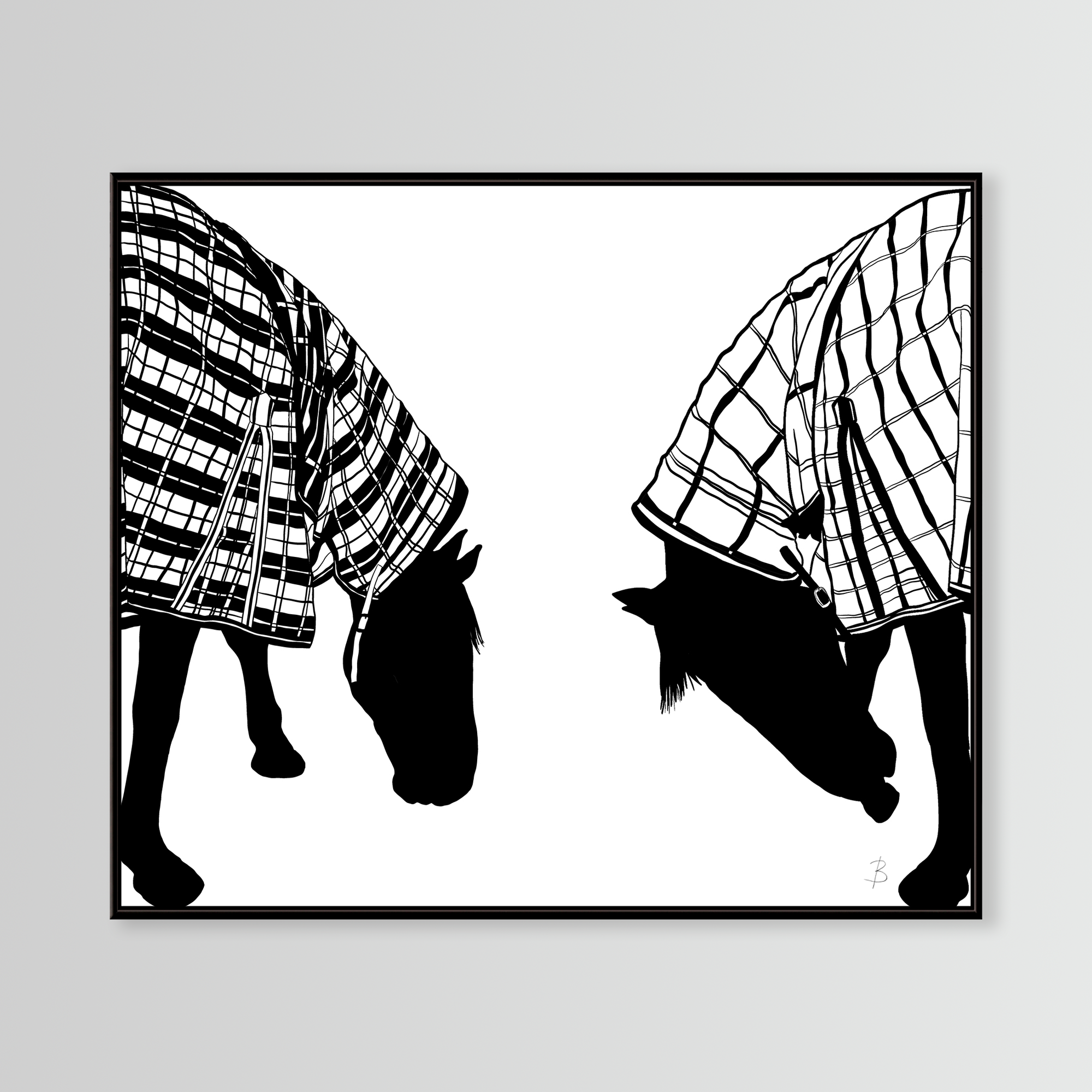 Image of two horses in black and white colours. 'Vanilla and Ice Cream Horses in Raincoats' Limited Edition Fine Art Print after the original drawing by Bridget Bradley. print seen framed in Black float frame. © Bridget Bradley Art