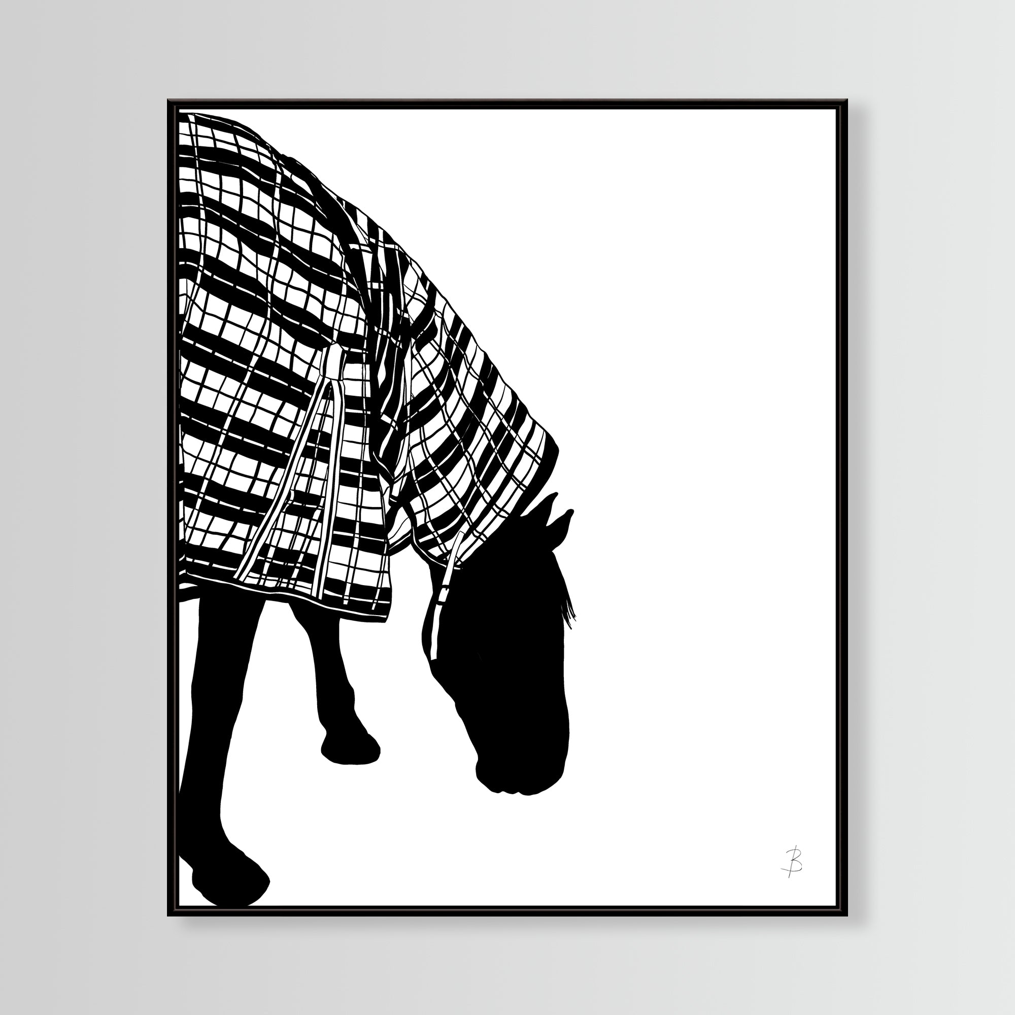 Black and white mage of a horse wearing a plaid coat;' Vanilla In Tartan Raincoat' LImited Edition Printing a Black Float Frame. © Bridget Bradley Art