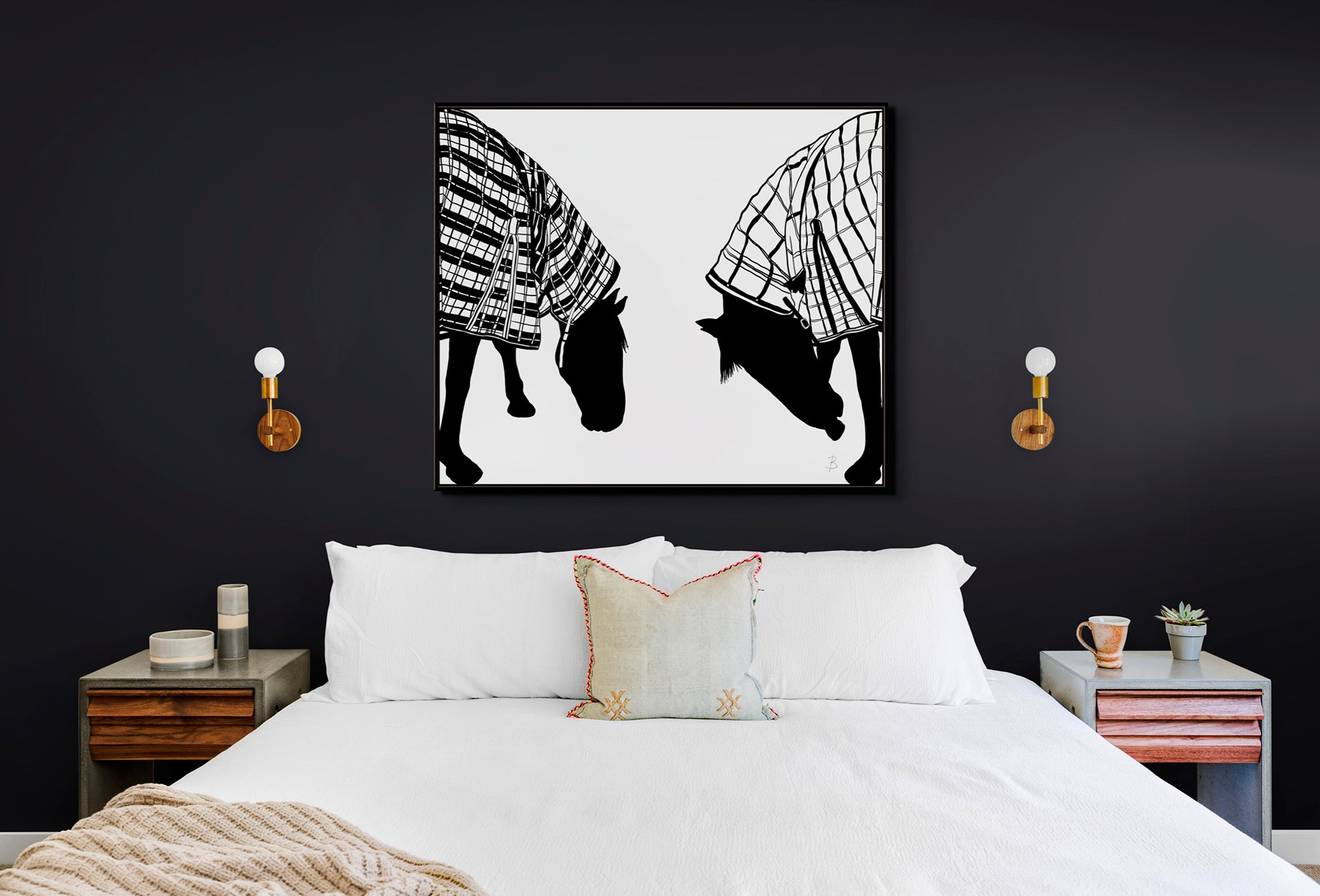 'Vanilla and Ice Cream in Raincoats' Horse Fine Art on canvas with black float frame hanging In bedroom. Limited Edition Prints. © Bridget Bradley Art