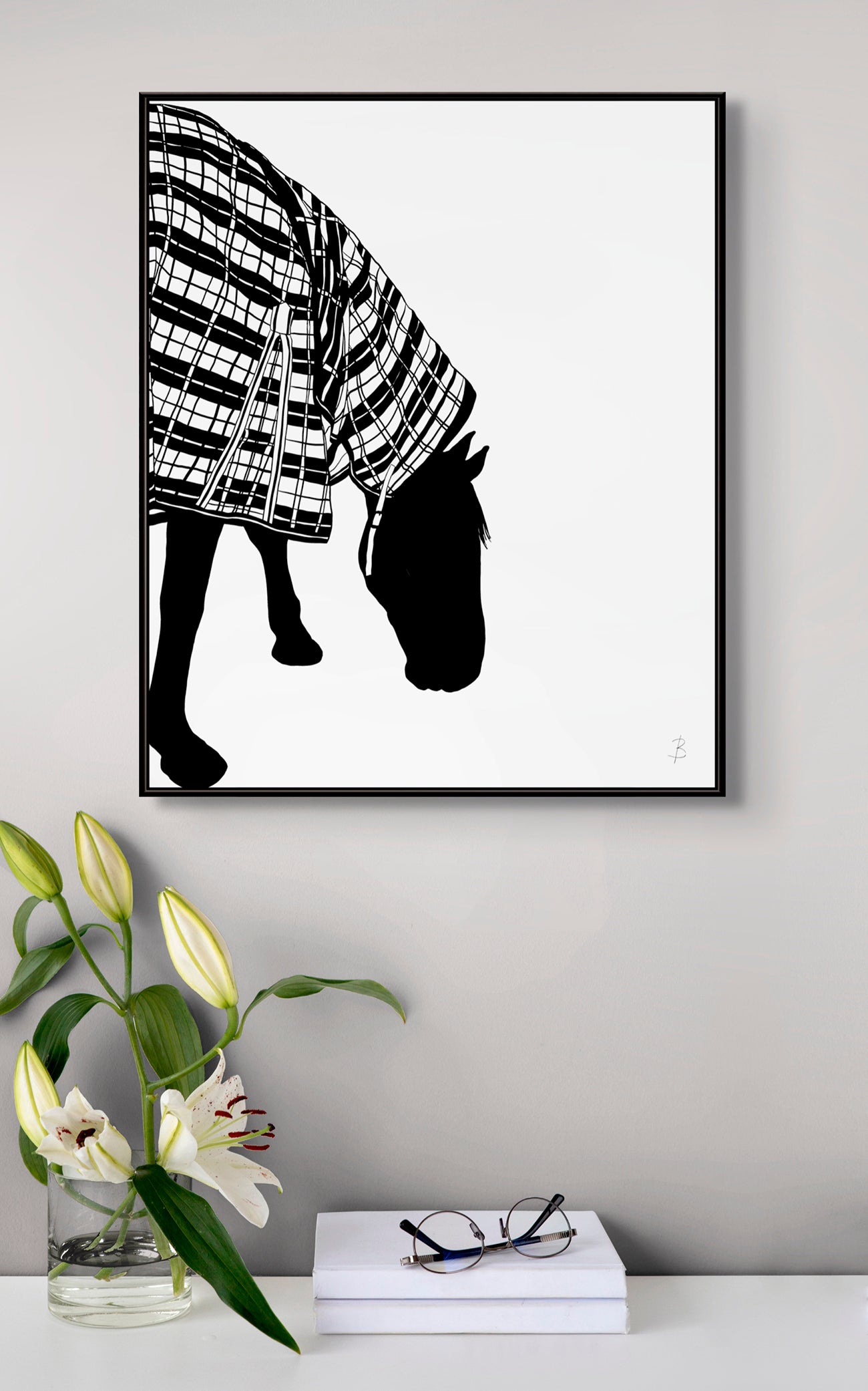 'Vanilla in Tartan Raincoat'-Horse Fine Art Above Console with Lillies and books. Limited Edition prints. © Bridget Bradley Art