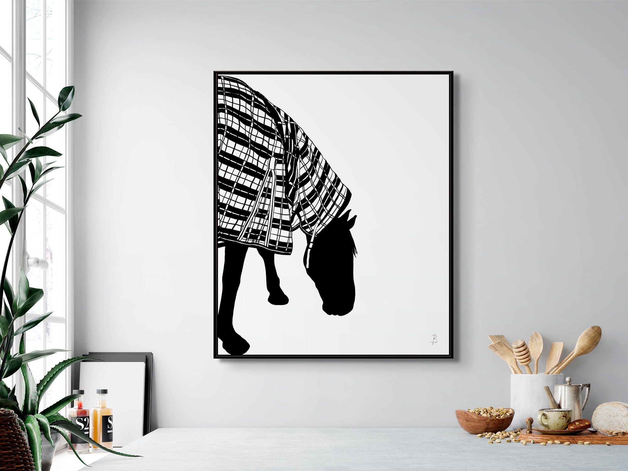 'Vanilla in Tartan Raincoat'-Horse Fine Art on canvas framed in Black Float Frame seen Hanging In Kitchen. © Bridget Bradley Art