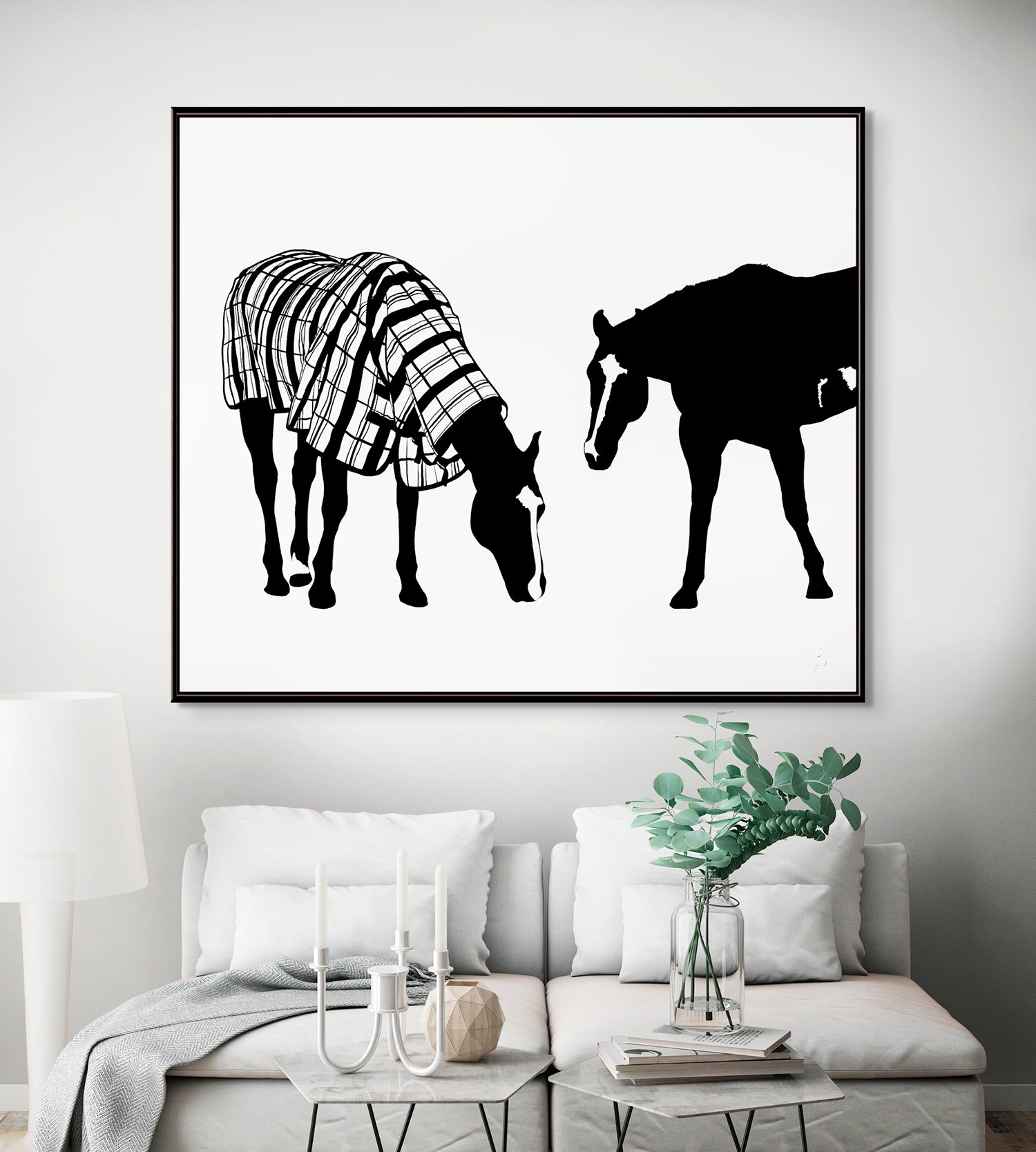 'Where's My Raincaot?' Horse Art on Canvas Framed in Black Float Frame hanging in Situ. Limited Edition prints. © Bridget Bradley Art