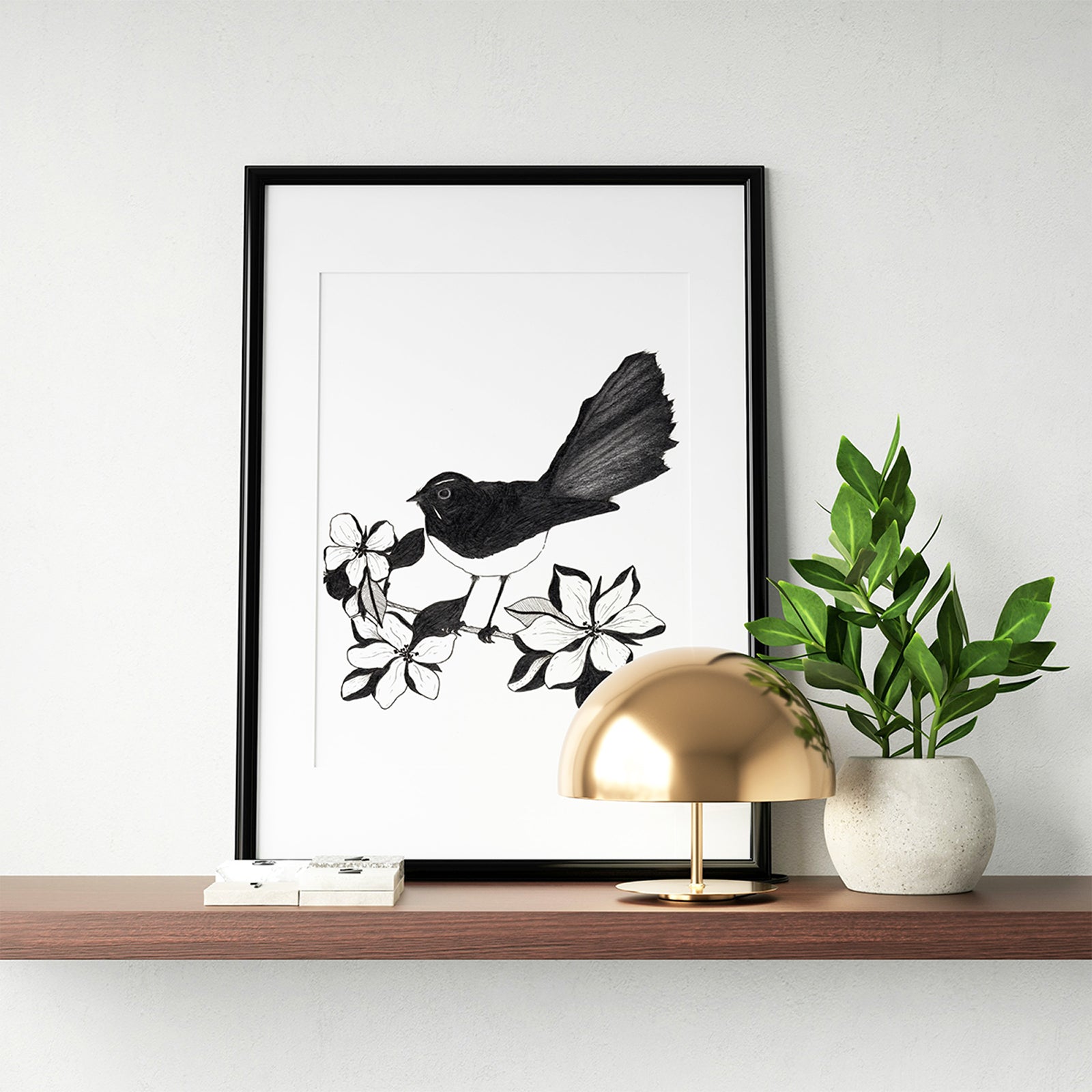 'Willie Wagtail and Magnolias' Original Graphite Pencil Drawing by Bridget Bradley on Art Paper seen in situ in black frame with white mat on wooden shelf with pot plant and small gold lamp.
