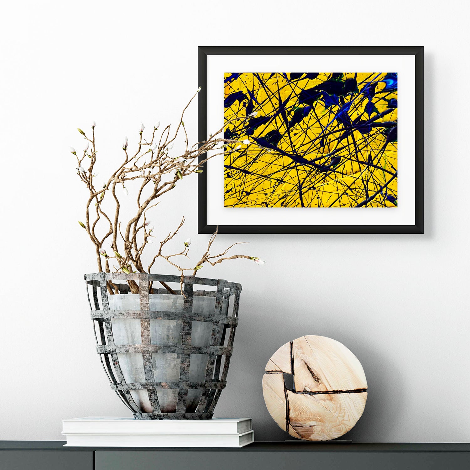 'Yellow' Original Abstract Art On Paper by Bridget Bradley seen In Situ framed in black shadow box frame. Brightly coloured, textured art on paper.