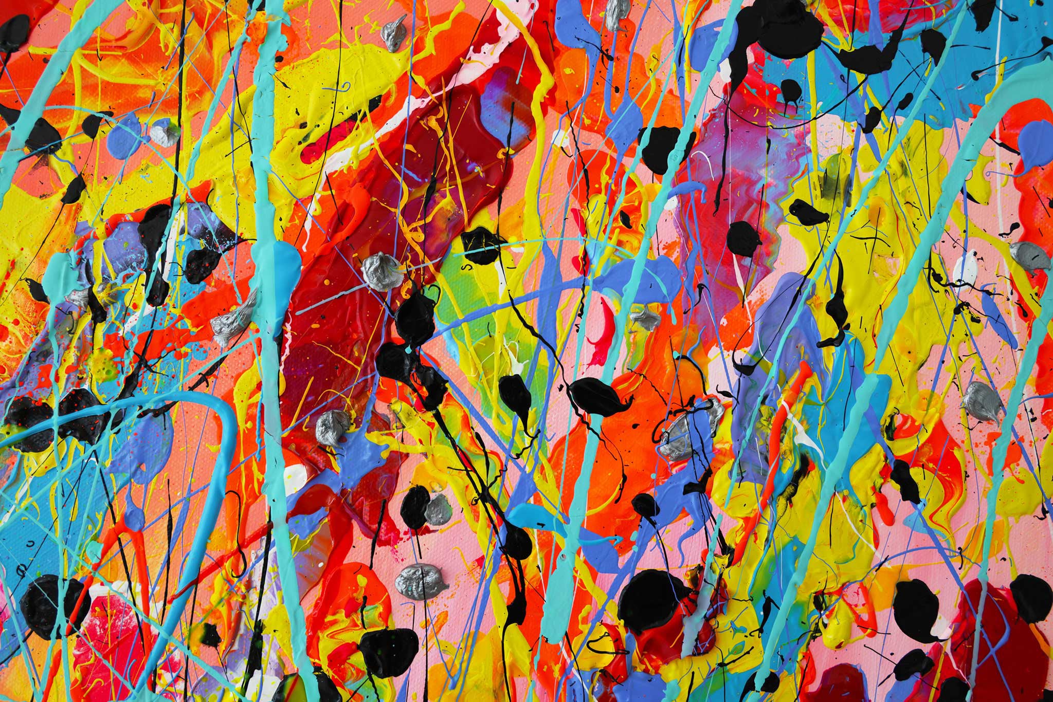 Part of original abstract painting by Bridget Bradley,  'Alive' ihn bright colours showing action painting.