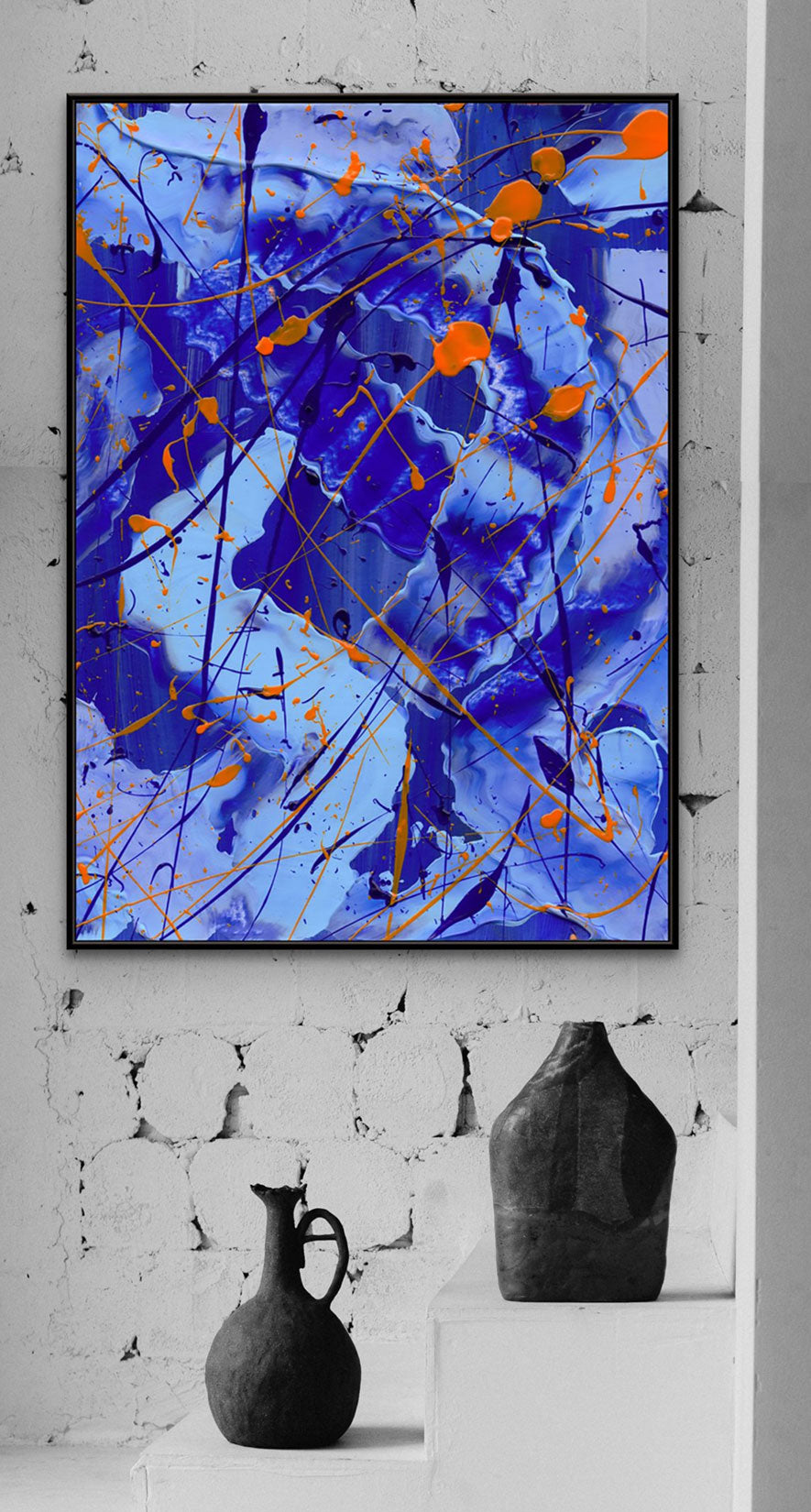 Blue I Seen in Black Canvas hanging on brick wall. Bridget Bradley abstract wall art prints.