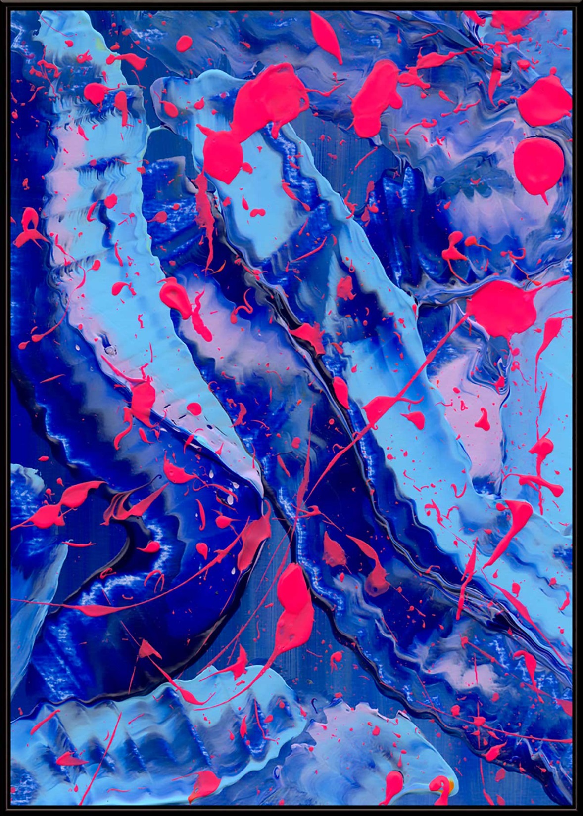 Blue III, Abstract print of bright blues and neon pinks on Canvas, Framed in Black. After an original painting by Bridget Bradley.