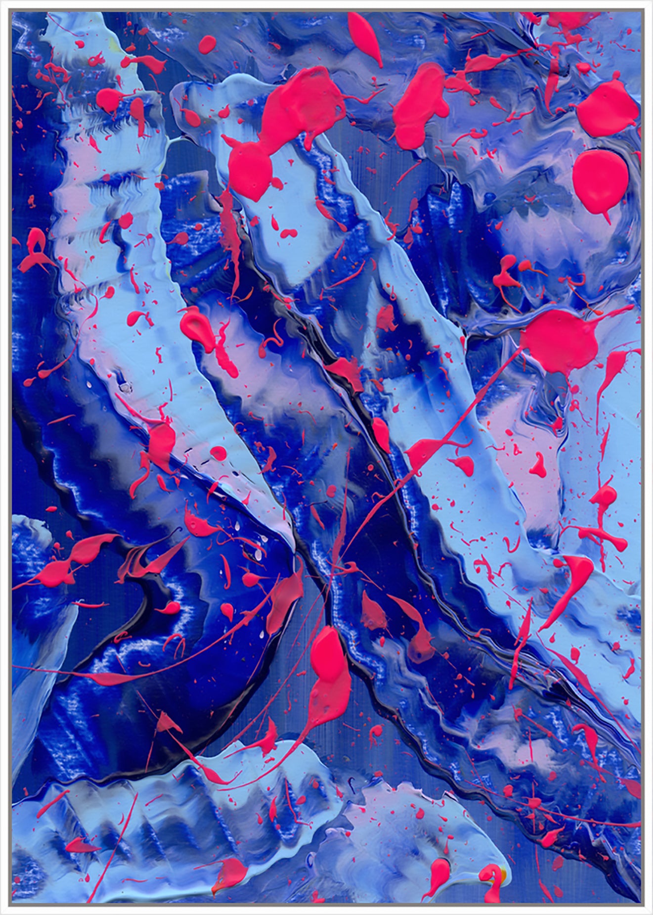 Blue III Canvas Print In Vibrant blues and Neon Pinks framed in White. After original Art by Bridget Bradley, Abstract Artist