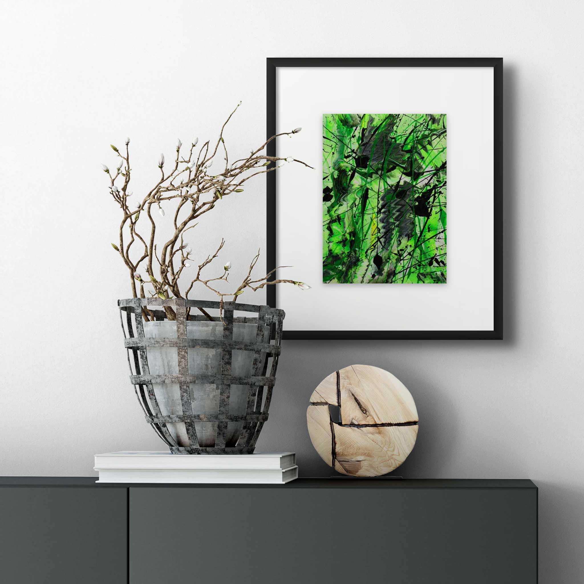 Green Ivy original painting on paper seen framed in black hanging in situ above console. Artwork painted by Bridget Bradley