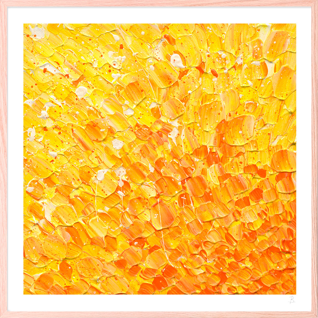 In the Heart of the Sun fine art print on canvas in oak frame. Bright warm colours. After original art by Bridget Bradley