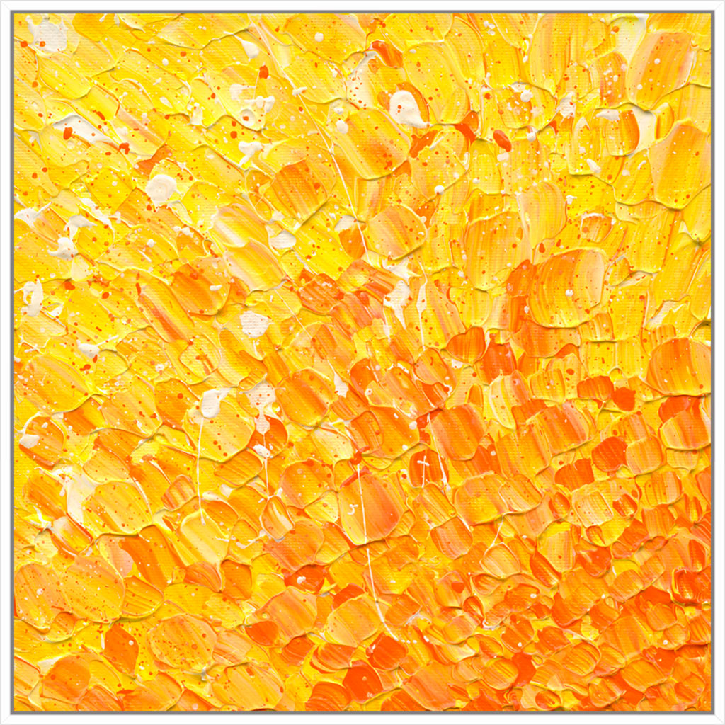 'In the Heart of the Sun' art canvas print framed in white. Sunny colour palette to uplift your space. After original abstract by Bridget Bradley
