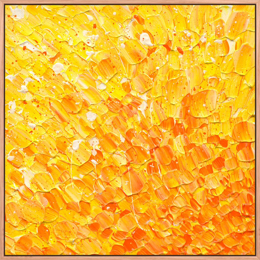 'In the Heart of the Sun' fine art canvas print framed in oak float frame. Bright, warm colour palette for any space. After original artwork painted by Bridget Bradley