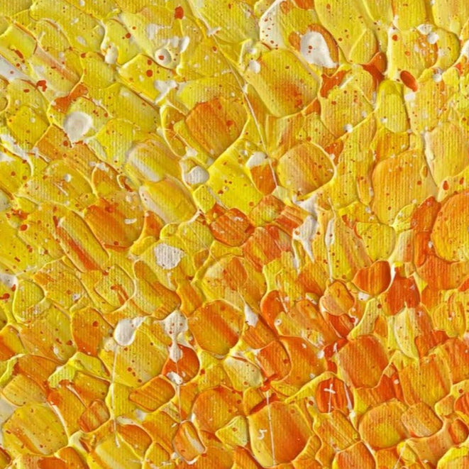 In the Heart of the Sun, closeup textures of original textured abstract, in rich golds, orange and yellows on canvas. Painted by Bridget Bradley