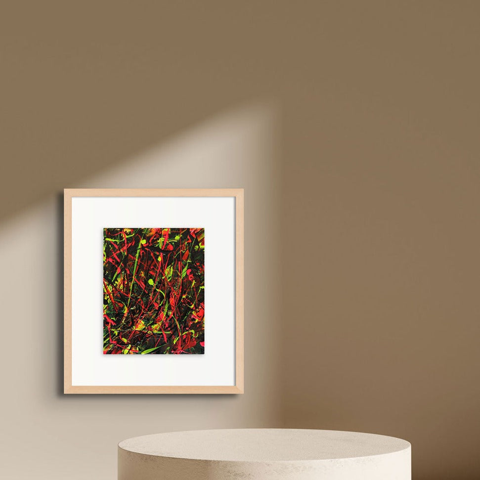 Light Through dark original abstract seen hanging on wall framed in ash wood with white mat, neutral decor. Painting by Bridget Bradley