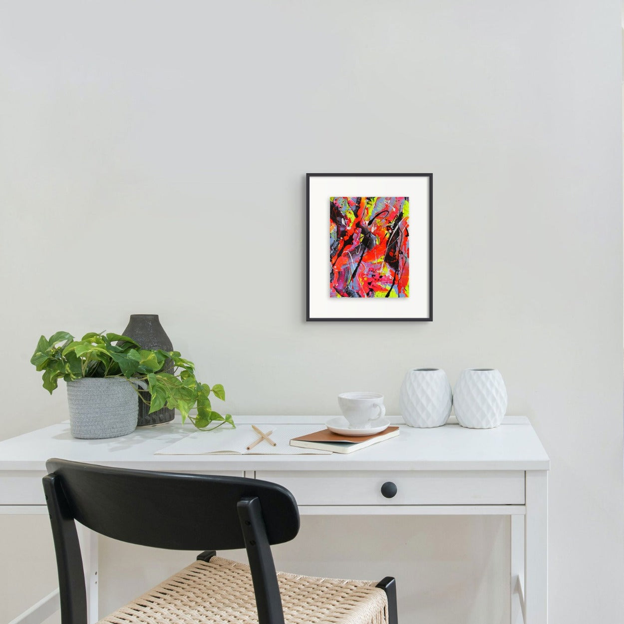 Little Luxuries IV, original art by Bridget Bradley visualized hanging on white wall above white console with modern decor.