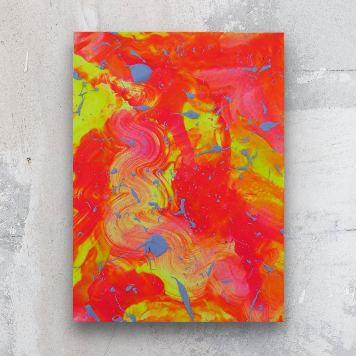 Little Luxuries VIII, original abstract art on paper in bold neons with blue marks. Artist- Bridget Bradley