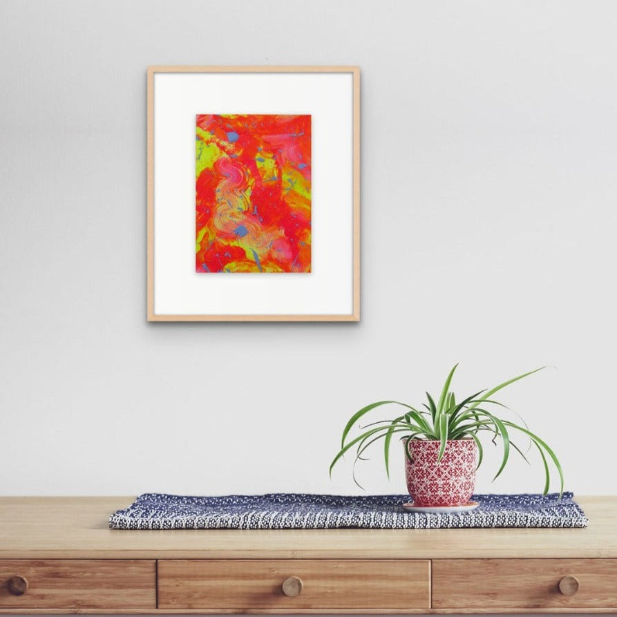 Little Luxuries VIII, original abstract painting by Bridget Bradley visualized framed in ash wood hanging on wall above wooden console