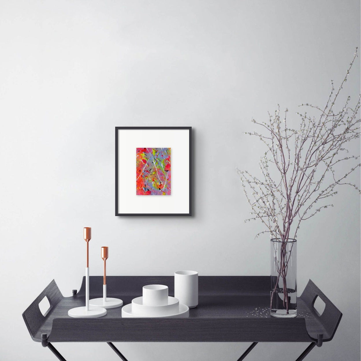 Little Luxuries X, original abstract wall art by Bridget Bradley, seen hanging on wall above furniture and accessories