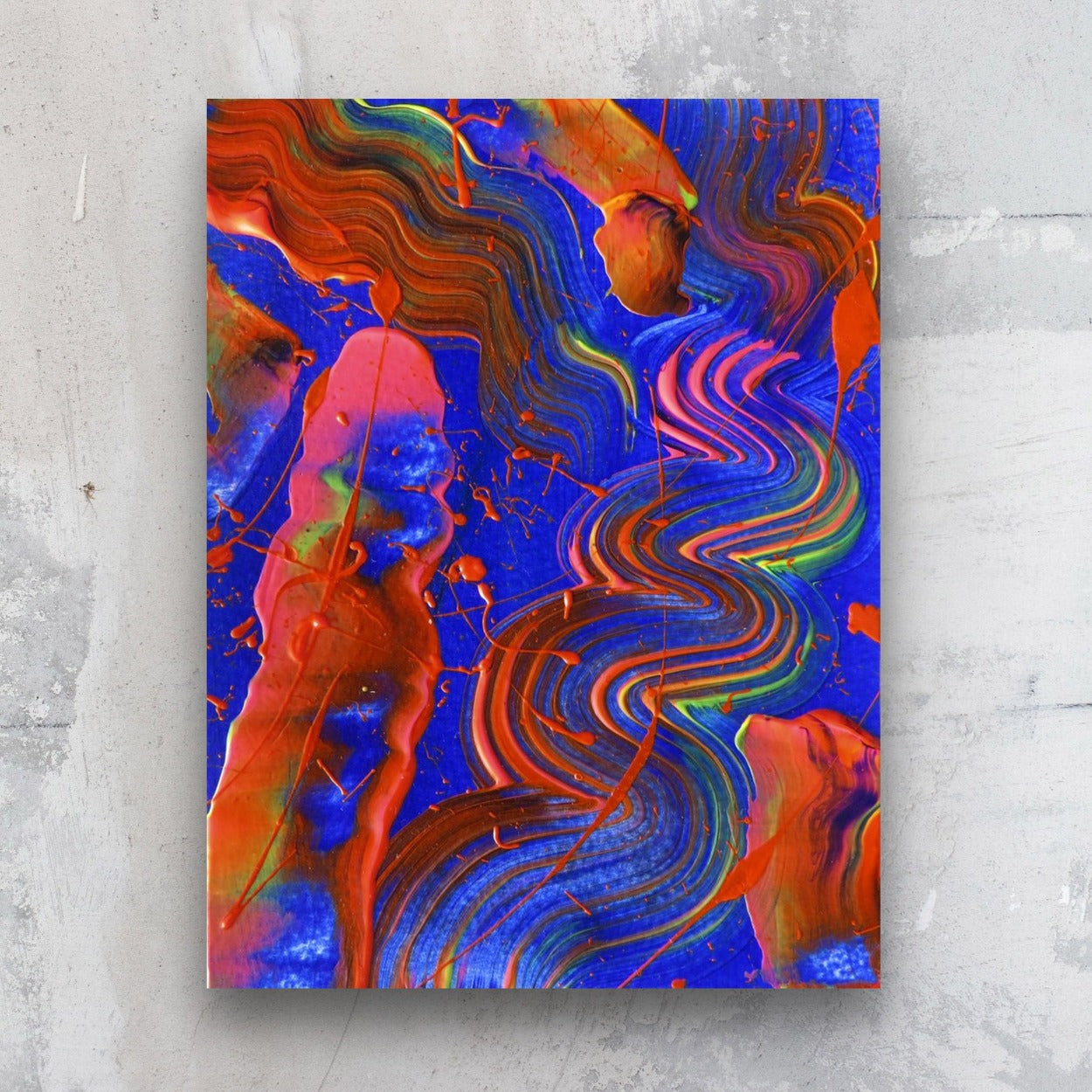 Little Luxuries IX, original art on paper by Bridget Bradley in bold reds, electric blues and neons. Seen against stone wall. Sold
