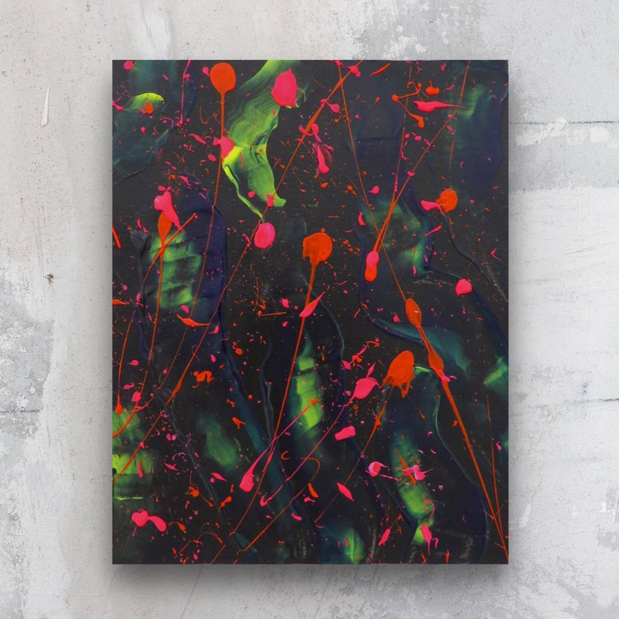 Little Luxuries V, original abstract on paper by Bridget Bradley. An action painting, created with dark background and neon marks