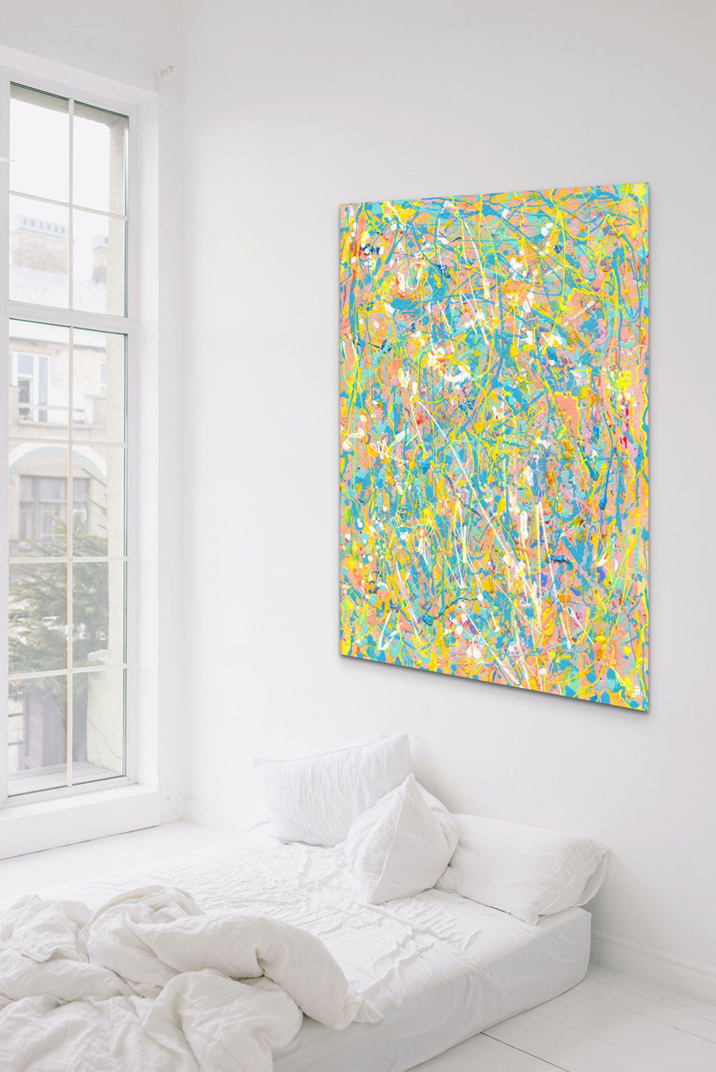 'Naked' original textured abstract painting on canvas seen hanging in room with white decor above a bed. Artwork hand-painted by Bridget Bradley, Contemporary Abstract Artist Australia