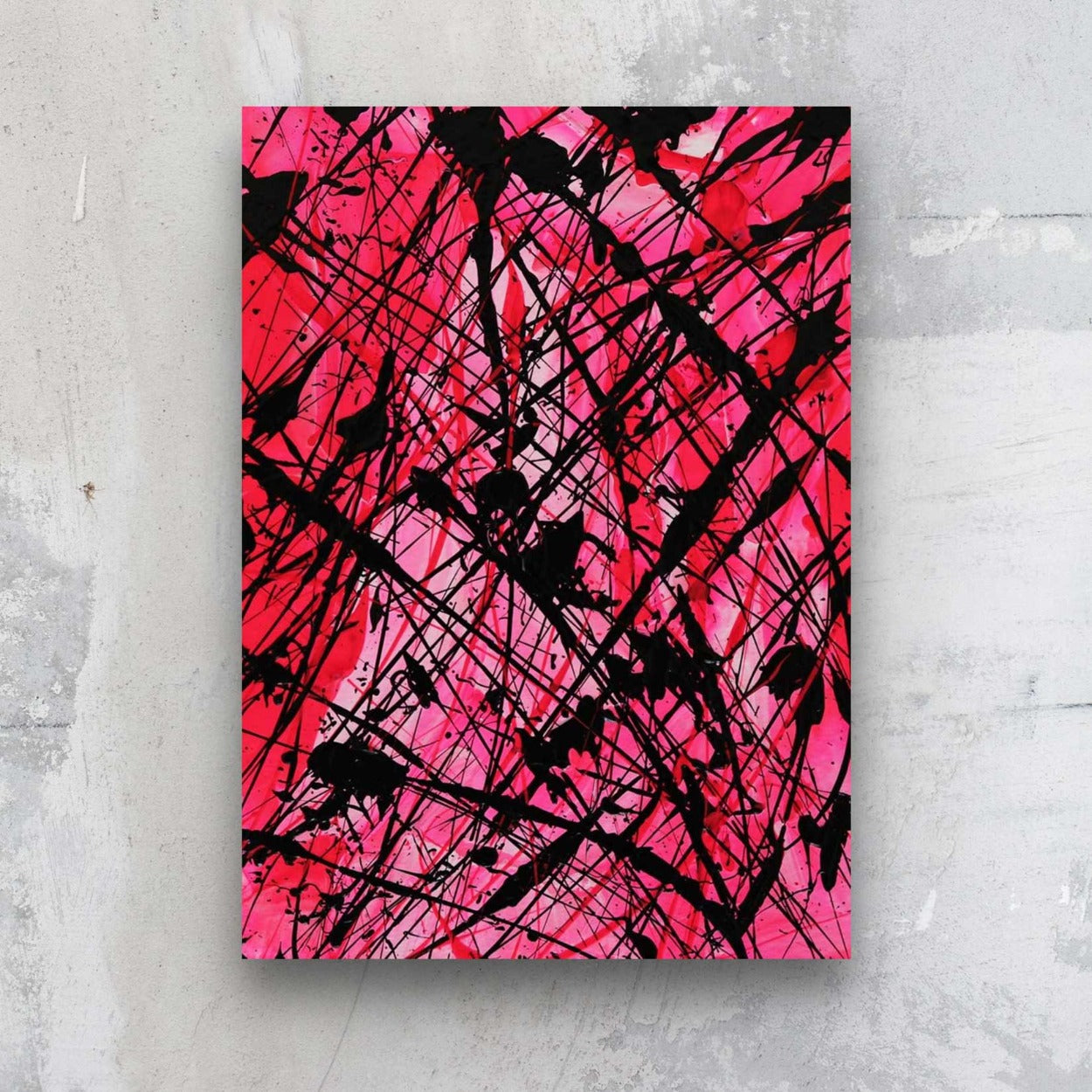 NEON II, original abstract art on paper in hot pinks and black, action painting by Bridget Bradley
