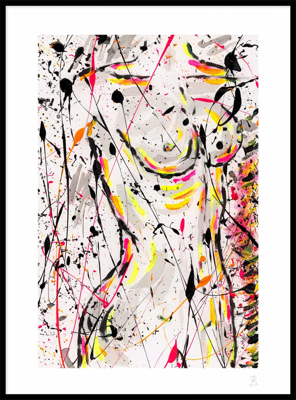 Nude I fine art print on paper with white border seen with black frame