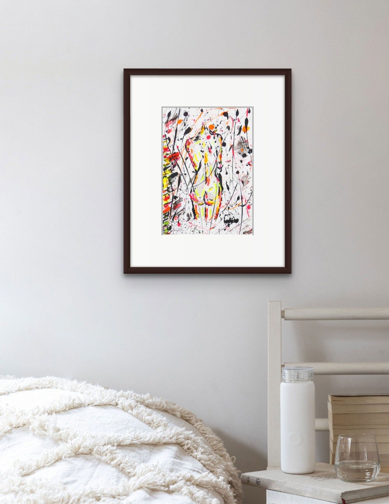 Nude II, original mixed media abstract painting of female figure, framed and hanging above bed. original art by Bridget Bradley