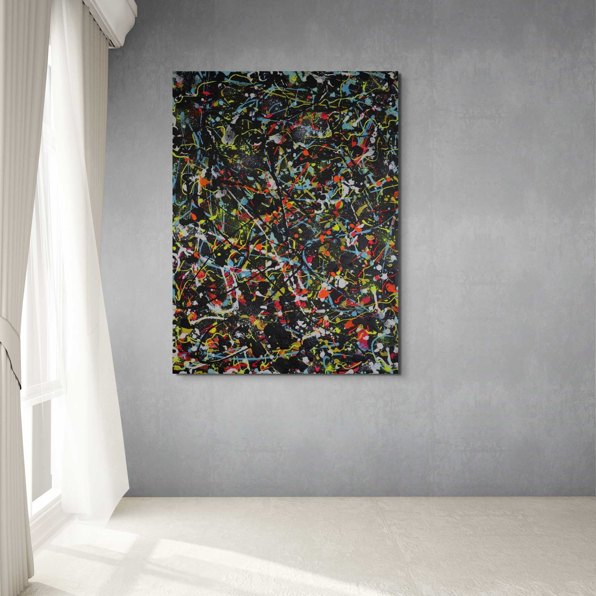 Onyx abstract expressionism painting, seen hanging in modern loft space. Original, contemporary abstract art by Bridget Bradley