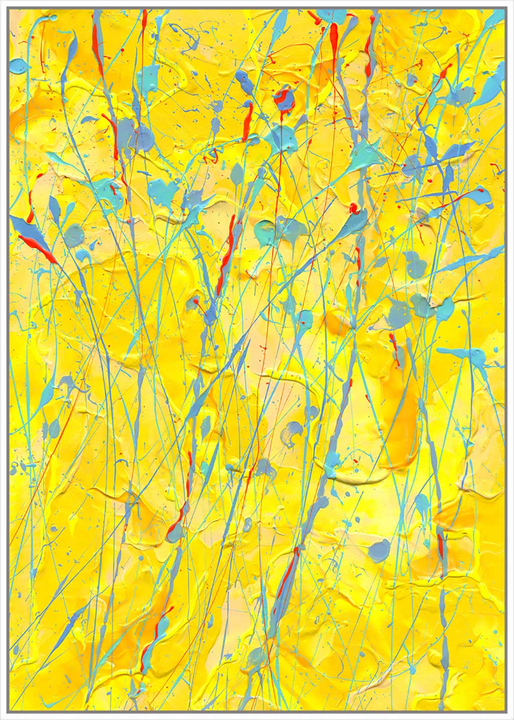 Sunflower Print Canvas seen in White Frame. Colour palette yellows, orange and blueafter original painting by Bridget Bradley